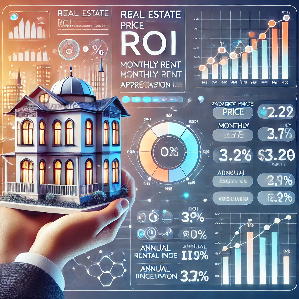 Digital illustration of a real estate ROI calculator interface with fields for property price, monthly rent, and appreciation rate, alongside dynamic results like ROI percentage, annual rental income, and appreciation value. The background features subtle Turkish architecture elements, including minarets and domes, combined with graphs and financial icons symbolizing real estate investment
