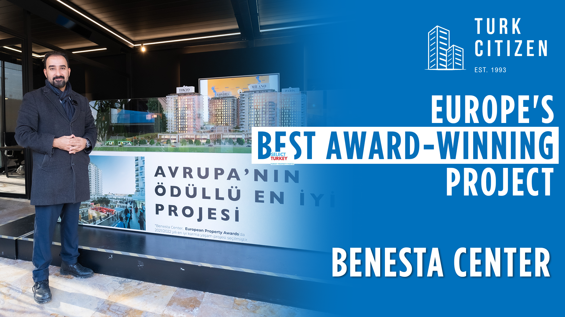 YouTube video thumbnail from Citizen Türk channel featuring Gökhan Bey discussing Benesta Center's modern real estate trends and lucrative investment opportunities in Istanbul for 2025